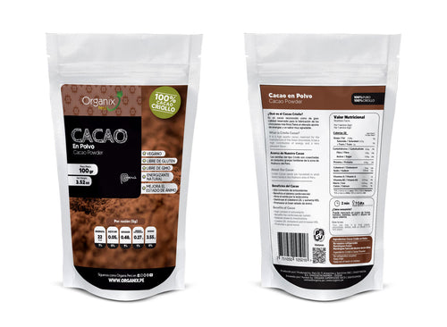 Cacao en Polvo Organix Perú, rico en antioxidantes, delicioso sabor, energizante natural, mejora el estado de ánimo