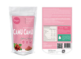 Etiqueta trasera Camu Camu Atomizado en Polvo Organix Perú con tabla nutricional, ingredientes y modo de consumo