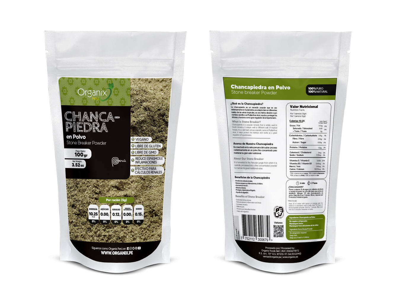 Chancapiedra en Polvo Organix Perú - suplemento herbáceo para la protección renal y regulador de hipertensión, paquete frontal y posterior