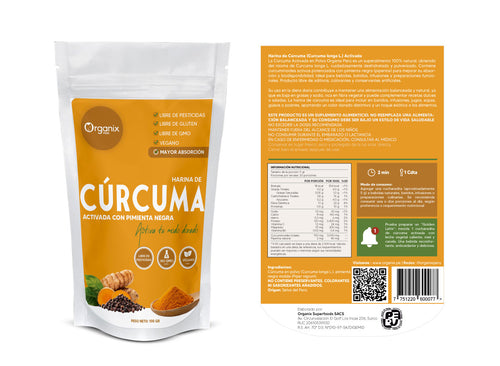 Etiqueta posterior de Cúrcuma Activada en Polvo Organix Perú con información nutricional y valores de curcuminoides.