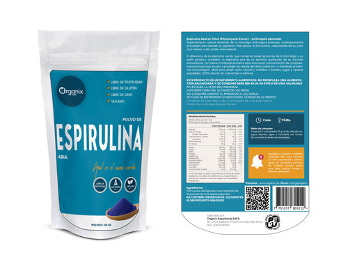 Vista posterior del envase de Espirulina Azul en Polvo Organix Perú mostrando tabla nutricional completa y datos de consumo.
