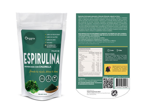 Tabla nutricional completa de Espirulina y Chlorella Organix Perú con vitaminas y minerales