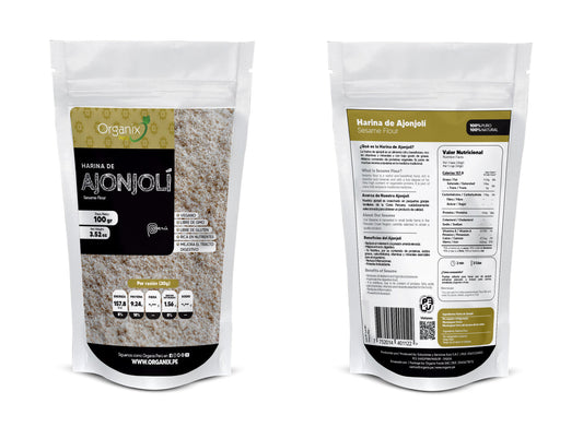 Doypack de Harina de Ajonjolí Organix Perú 100% natural, fuente de proteínas, calcio y grasas saludables para una nutrición equilibrada