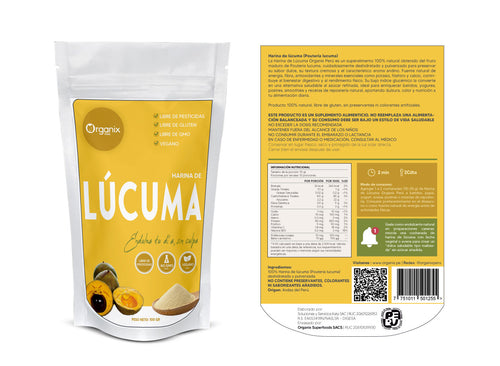 Etiqueta posterior de Harina de Lúcuma Organix Perú con tabla nutricional completa