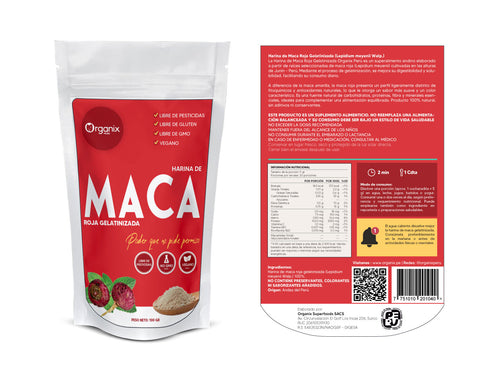 Harina de Maca Roja Gelatinizada Organix Perú, superalimento andino 100% natural en envase doypack, fuente de energía, proteínas y antioxidantes, ideal para una nutrición saludable, con etiqueta de información nutriconal