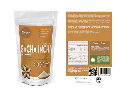 Etiqueta posterior de la Harina de Sacha Inchi Gelatinizado Organix Perú mostrando tabla nutricional y contenido de proteínas y omegas.
