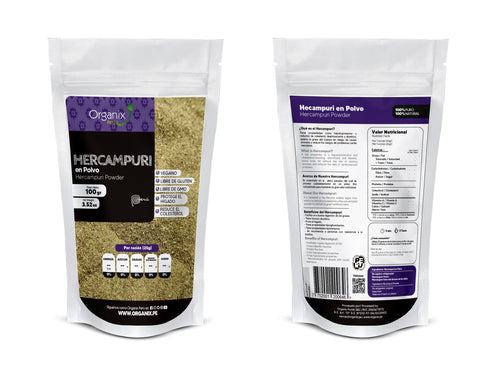 Hercampuri en Polvo Organix Perú - hepatoprotector, reductor de colesterol, desintoxicante y diurético en envases de 100g y 125g.