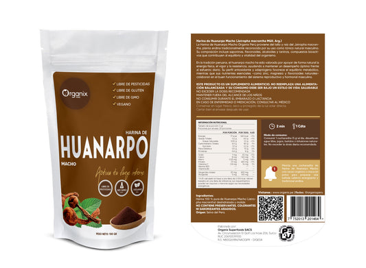 Etiqueta posterior de Harina de Huanarpo Macho Organix Perú con tabla nutricional, ingredientes y modo de consumo