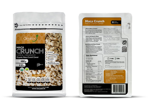 Front and back packaging of Maca Crunch Organix Perú cereal featuring key ingredients Maca and Panela.