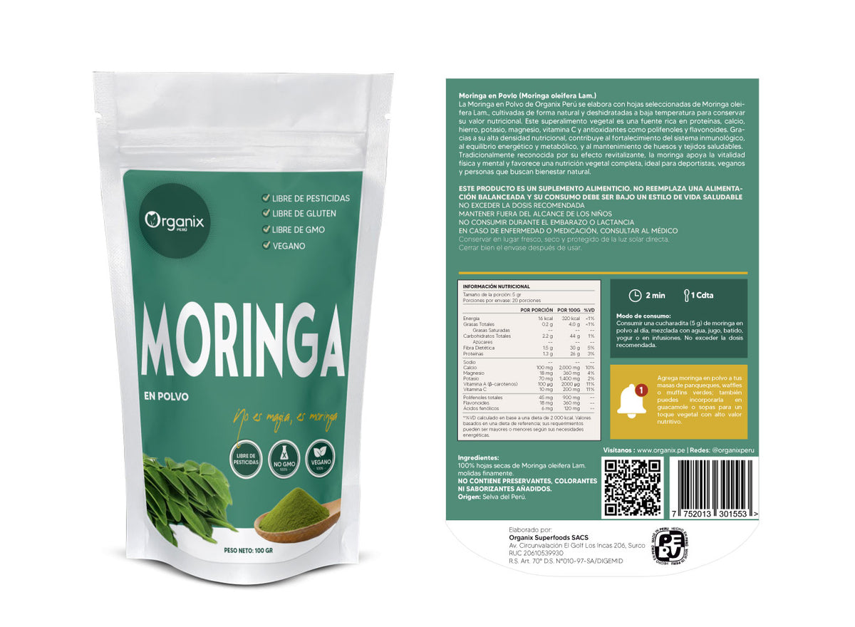 Etiqueta posterior de Moringa en polvo Organix Perú con tabla nutricional y composición de vitaminas y minerales.