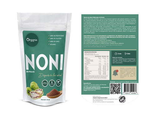 Etiqueta posterior del Noni en Polvo Organix Perú con tabla nutricional y composición de vitaminas y minerales.