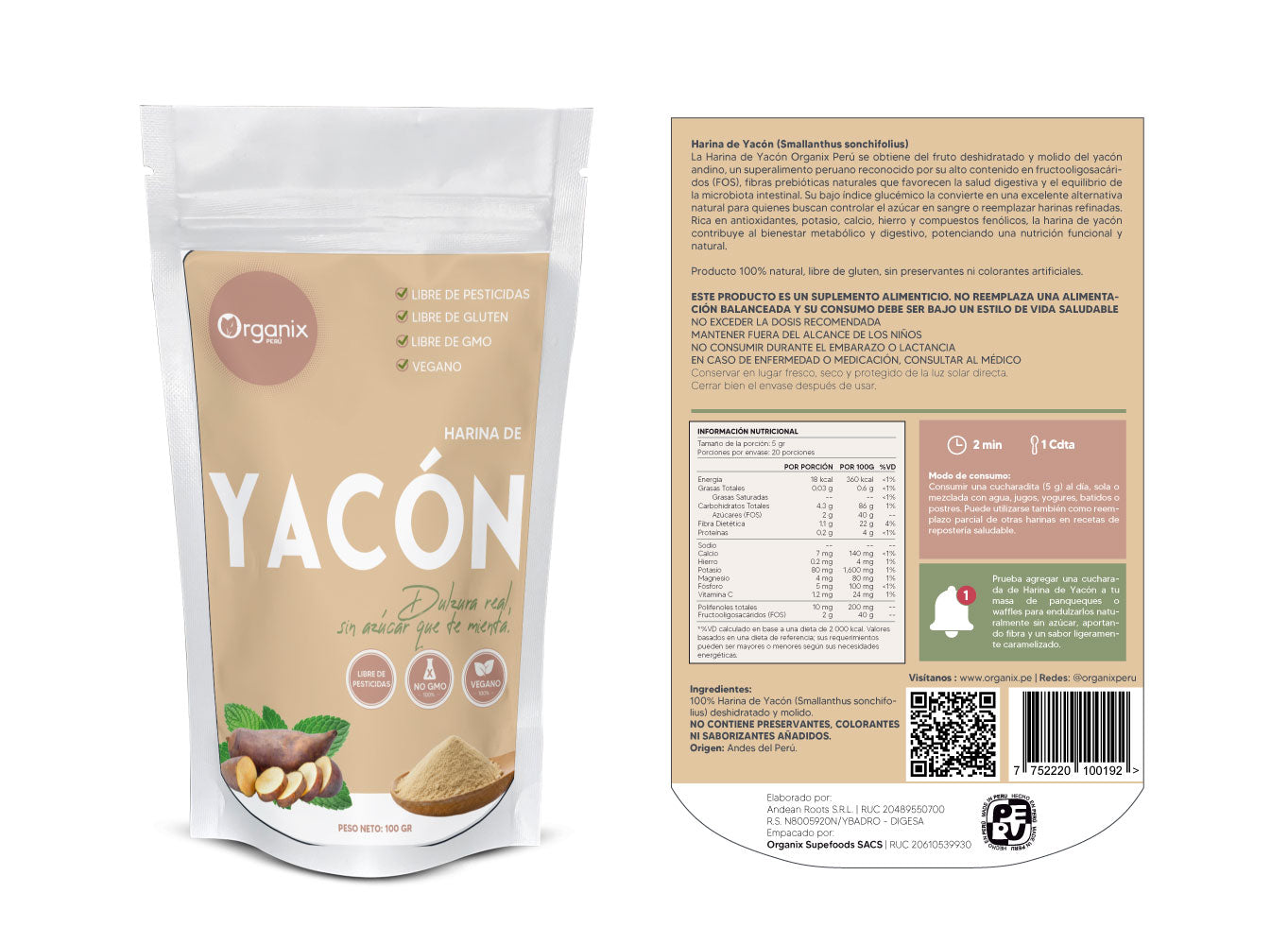 Etiqueta posterior de Harina de Yacón Organix Perú con información nutricional completa, ingredientes y valores diarios de referencia