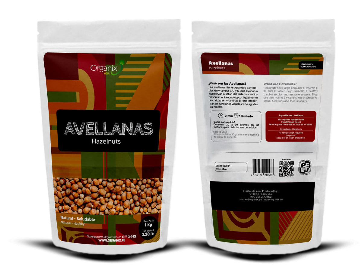 "Producto de Avellanas Organix Perú, paquete de 1kg de avellanas ricas en nutrientes y antioxidantes, beneficios para la salud del corazón y el crecimiento"