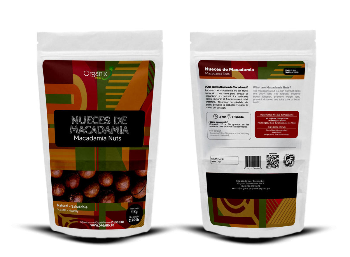 Bolsa de nueces de macadamia Organix de 1kg, ricas en proteínas y grasas saludables. Ideales para dietas vegetarianas y una excelente fuente de vitaminas del grupo B y vitamina E