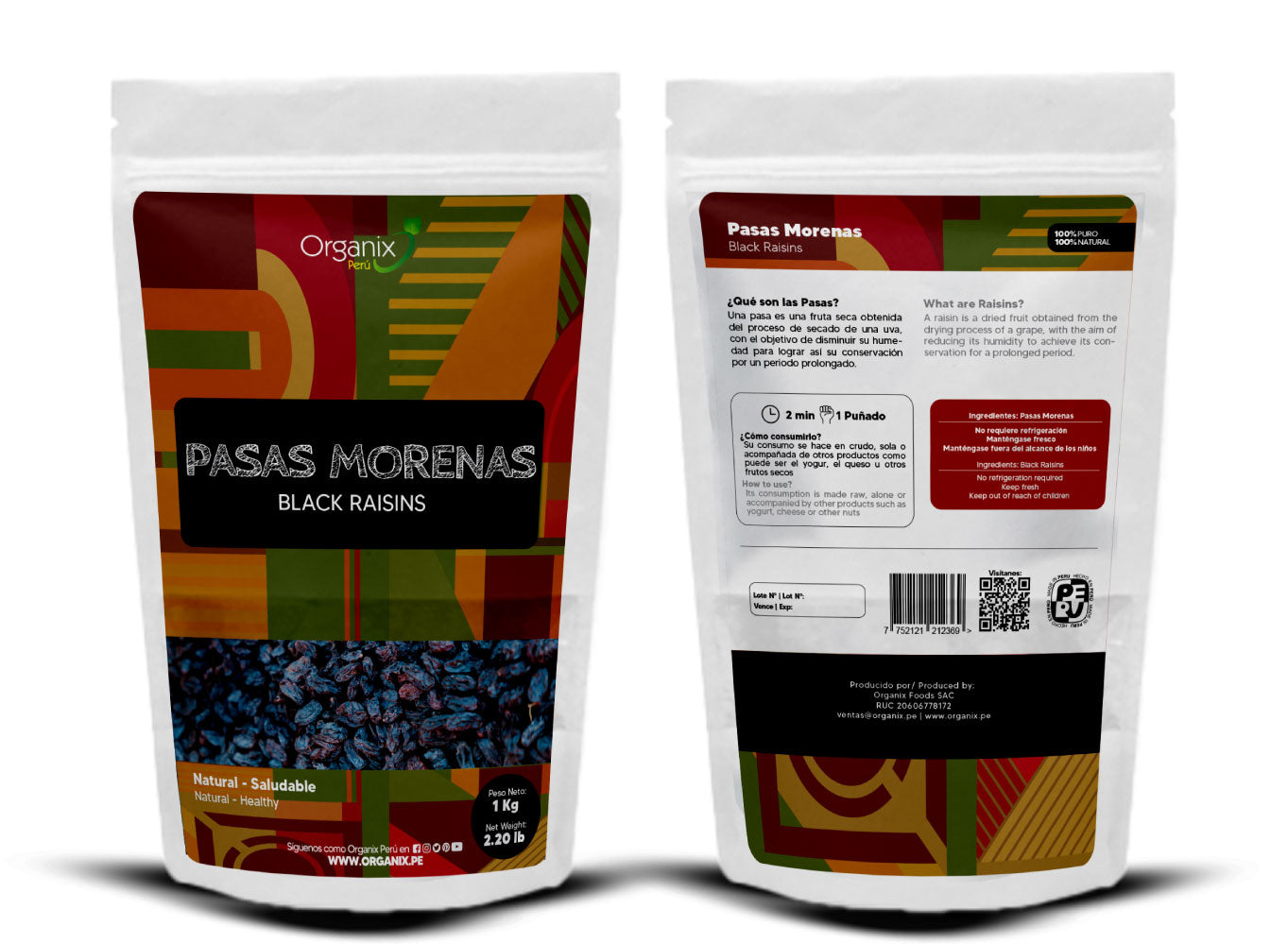 Bolsa de Pasas Morenas Organix Perú, fuente de energía y minerales, nutritivas y naturales.