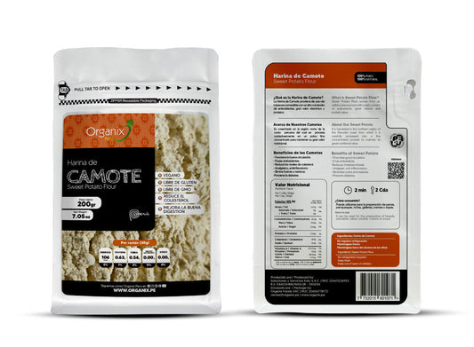 Doypack de Harina de Camote Organix Perú 100% natural, rica en fibra, antioxidantes y carbohidratos saludables para una nutrición balanceada