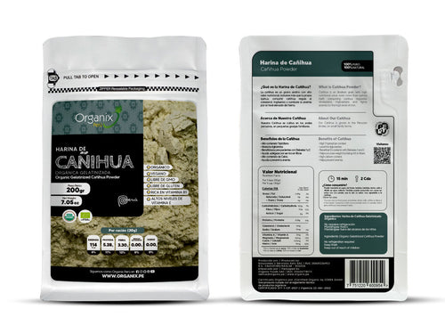 Doypack de Harina de Cañihua Gelatinizada Organix Perú con información nutricional completa.