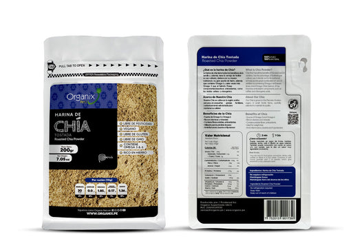 Doypack de Harina de Chía Tostada Organix Perú con tabla nutricional visible – fuente natural de proteínas y fibra.