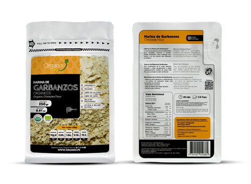 Harina de garbanzos Organix Perú - etiqueta trasera con tabla nutricional y lista de ingredientes