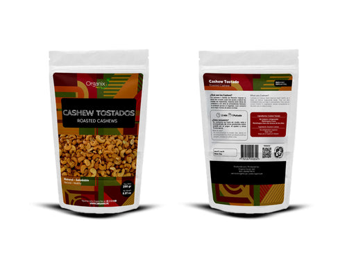 Packaging of Cashew Tostados Organix Perú - roasted cashews high in antioxidants, protein, vitamins B and E, and cholesterol-free.