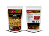 Front and back view of Maní Tostado Organix Perú packaging featuring organic roasted peanuts.