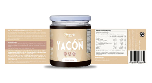 Etiqueta trasera de Miel de Yacón Organix Perú con información nutricional y detalles de composición natural.