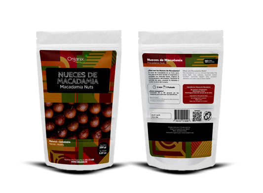 Bolsa de nueces de macadamia Organix de 250g, ricas en proteínas y grasas saludables. Ideales para dietas vegetarianas y una excelente fuente de vitaminas del grupo B y vitamina E