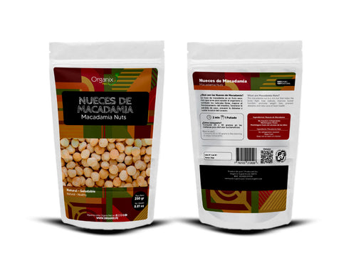 Parte trasera del envase de nueces de macadamia Organix Perú con tabla nutricional completa y lista de ingredientes