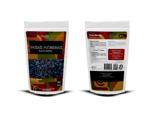 Empaque de Pasas Morenas Organix Perú, vista frontal y trasera, mostrando información nutricional y diseño colorido.