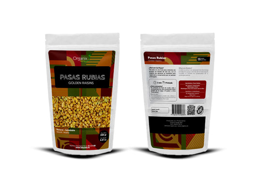 Package of Pasas Rubias Organix Perú golden raisins, showing front and back of the nutritious dried fruit product.