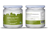 Jar of Organix Perú Aceite de Coco Sin Olor, organic virgin deodorized coconut oil in green label bottle, front and back view