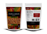Packaging of Avellanas Organix Perú hazelnuts, front and back view displaying product information and branding.