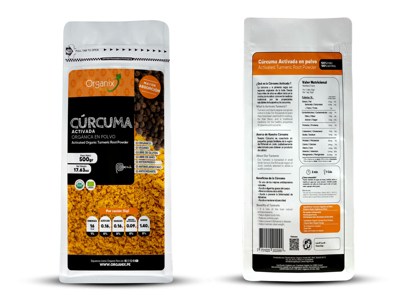 Doypack de cúrcuma activada Organix Perú con tabla nutricional completa y etiqueta informativa.