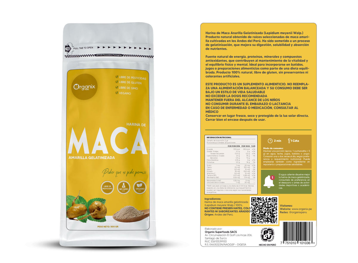 Vista posterior del doypack de Harina de Maca Amarilla Gelatinizada Organix Perú, con información nutricional, ingredientes y modo de consumo del suplemento natural andino.