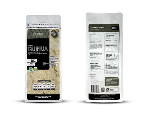 Vista posterior del doypack de Harina de Quinua Gelatinizada Organix Perú con tabla nutricional completa.