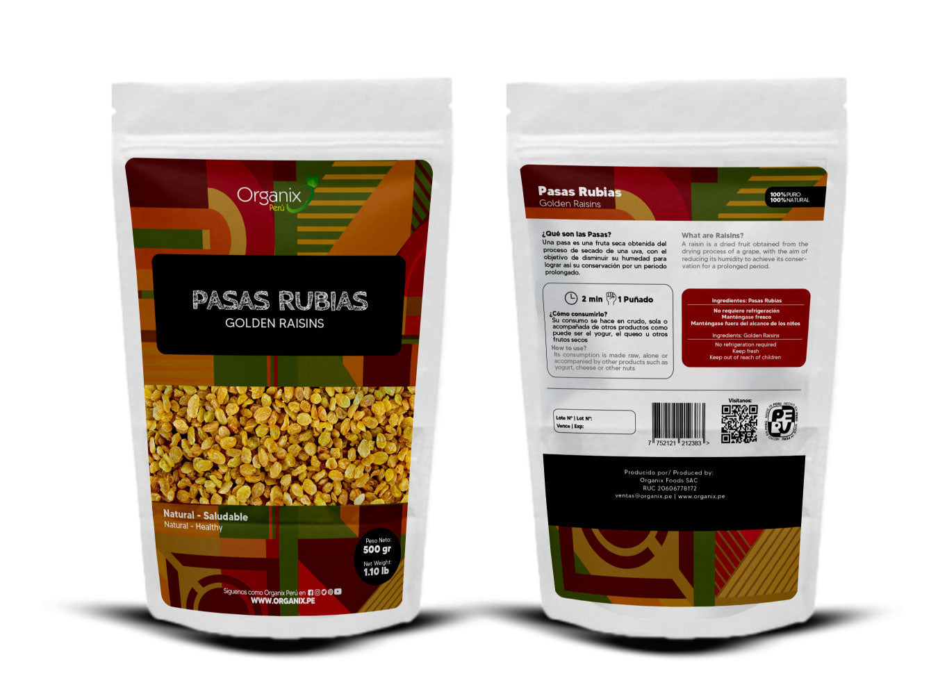 Pack de Pasas Rubias Organix Perú, ricas en nutrientes, con calcio, potasio, magnesio y hierro, ideales para una alimentación saludable.