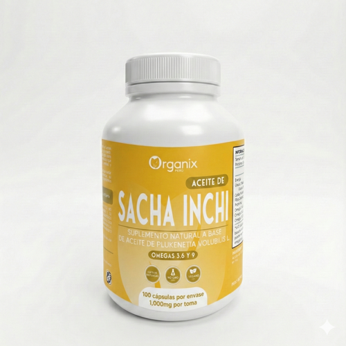 Frasco de Aceite de Sacha Inchi 1000mg Organix Perú. Suplemento natural en cápsulas rico en Omegas 3, 6 y 9. Presentación de 100 cápsulas veganas, libre de GMO