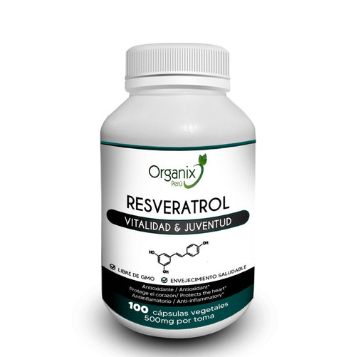 Frasco de Cápsulas de Resveratrol Extracto - Organix Perú antioxidante
