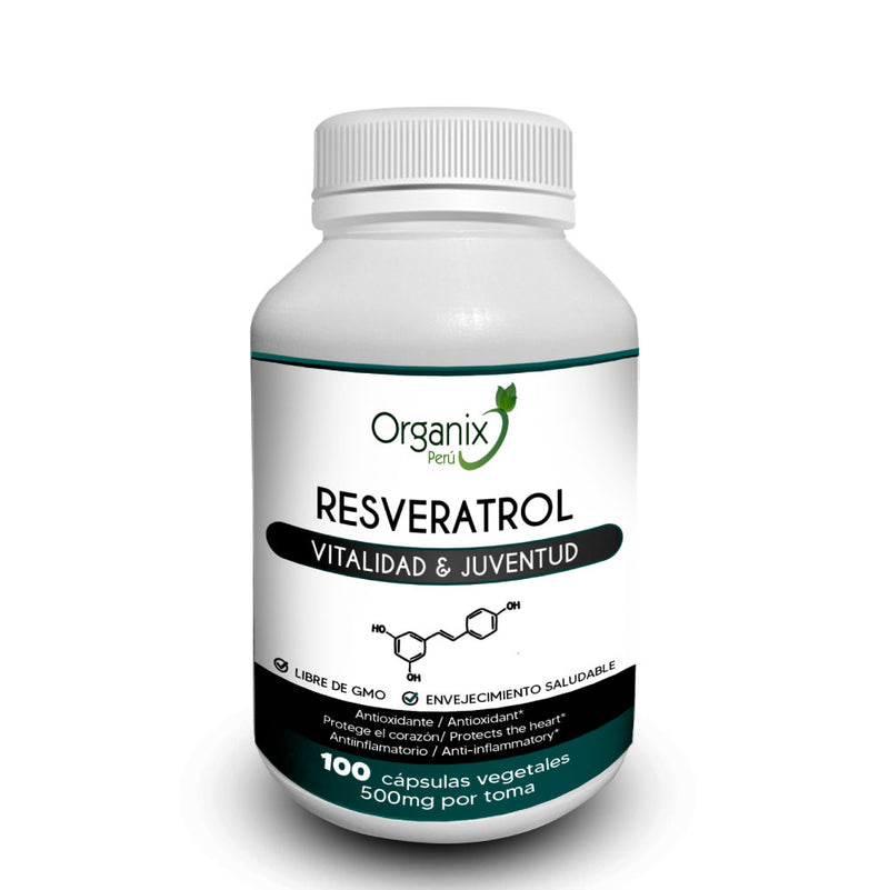Frasco de Cápsulas de Resveratrol Extracto - Organix Perú antioxidante