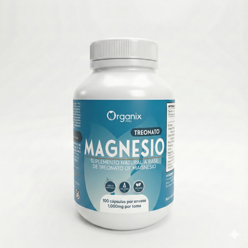 Frasco de suplemento natural TREONATO MAGNESIO de Organix Perú, con 100 cápsulas de 1000mg cada una. El envase blanco muestra una etiqueta azul con el logo de Organix, la descripción "SUPLEMENTO NATURAL A BASE DE TREONATO DE MAGNESIO" y los sellos "LIBRE DE PESTICIDAS", "NO GMO" y "VEGANO". Ideal para la salud cognitiva y el bienestar