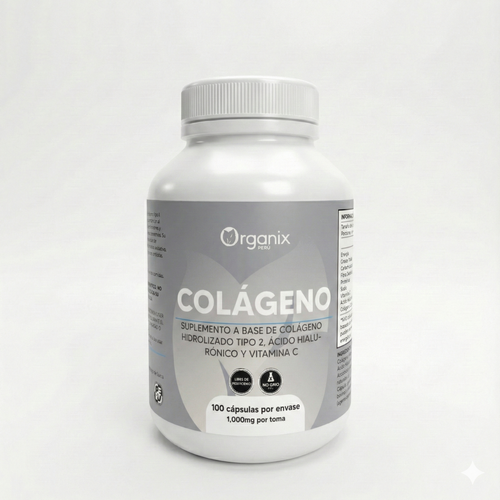 Cápsulas de Colágeno Tipo II con Ácido Hialurónico y Vitamina C Organix Perú, suplemento para articulaciones y piel, frasco con cápsulas