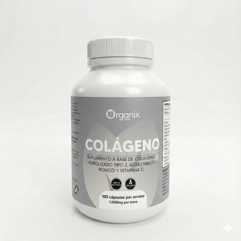 Cápsulas de Colágeno Tipo II con Ácido Hialurónico y Vitamina C Organix Perú, suplemento para articulaciones y piel, frasco con cápsulas