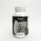 Cápsulas de colágeno tipo II con ácido hialurónico, maca negra y vitamina C Organix Perú, frasco frontal suplemento para articulaciones y movilidad