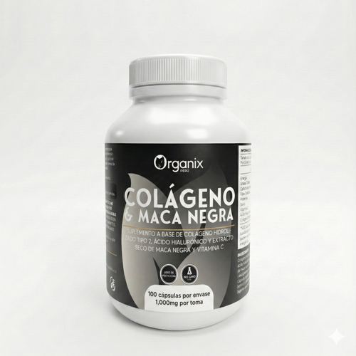 Cápsulas de colágeno tipo II con ácido hialurónico, maca negra y vitamina C Organix Perú, frasco frontal suplemento para articulaciones y movilidad