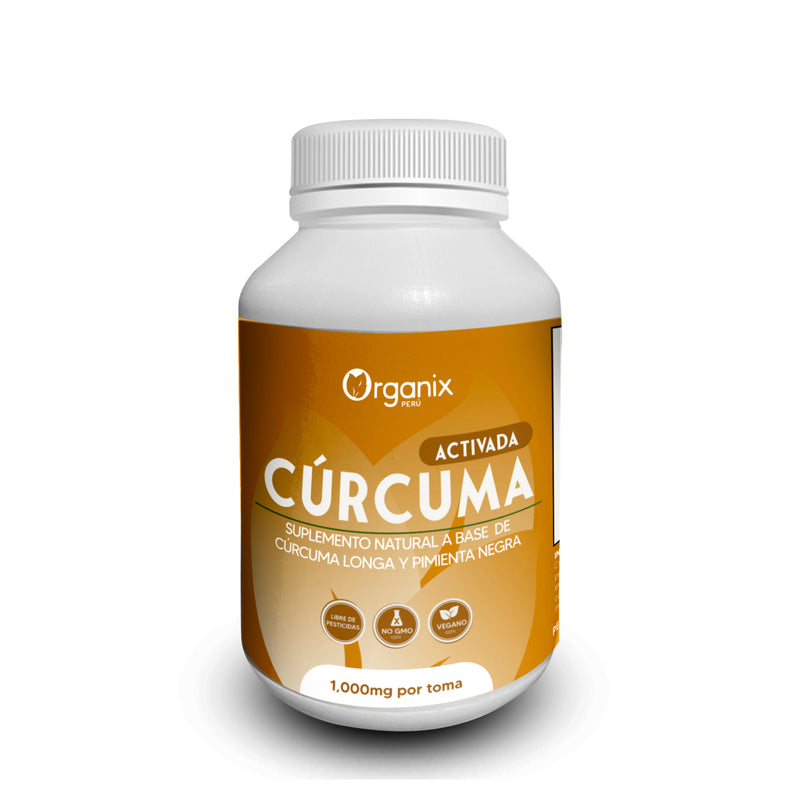Cápsulas de Cúrcuma Activada Organix Perú – suplemento natural con curcumina y pimienta negra para mejorar la absorción, antiinflamatorio y antioxidante 100% natural.