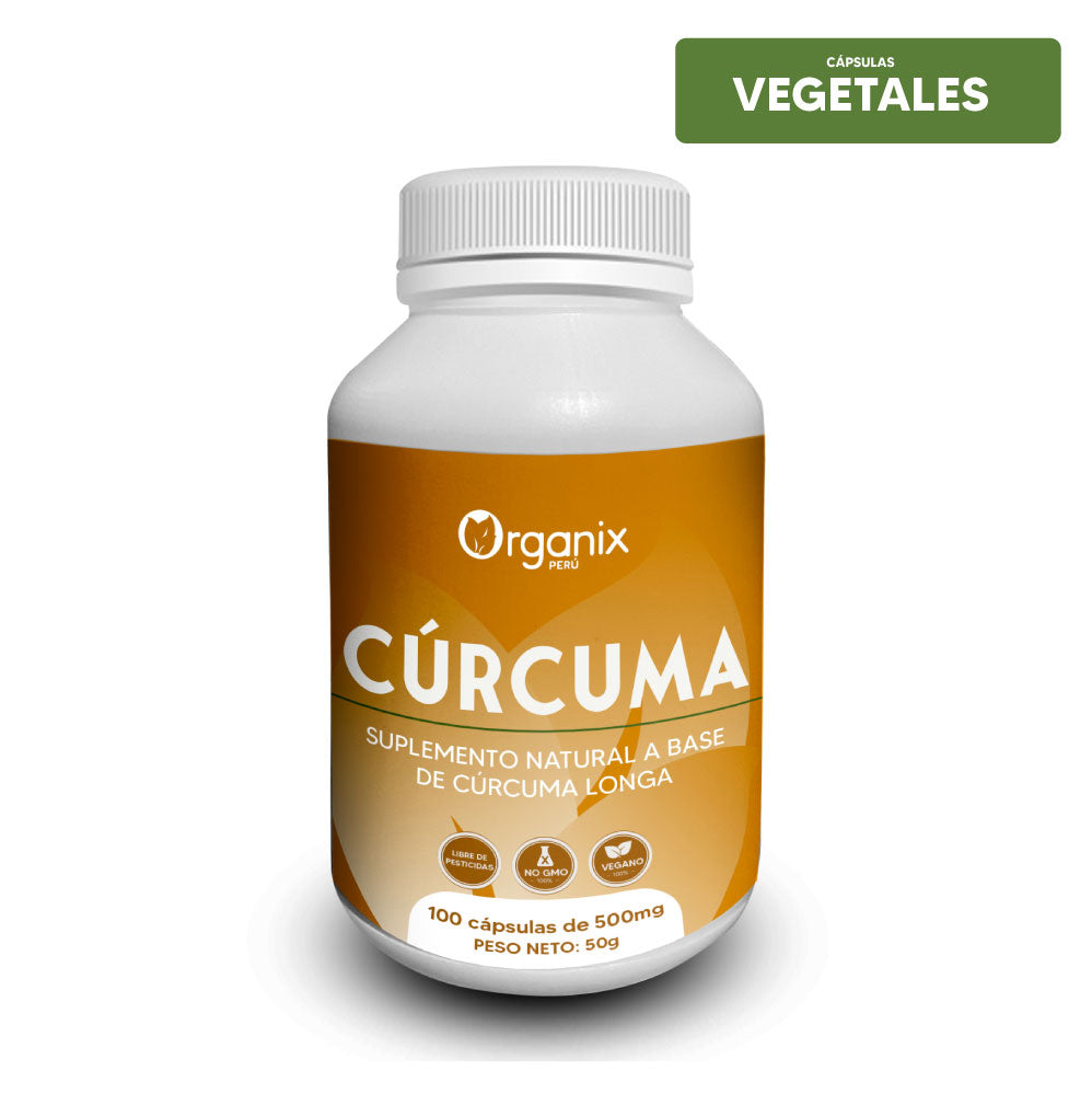 Opción Vegana de Cápsulas de cúrcuma Organix Perú en envase natural color ámbar con etiqueta verde y dorada. Suplemento natural elaborado con harina pura de Curcuma longa L., con cápsulas vegetales aptas para veganos. Producto peruano con beneficios antioxidantes, digestivos y de bienestar general, presentado en frasco con 60 cápsulas, duración de 24 meses.