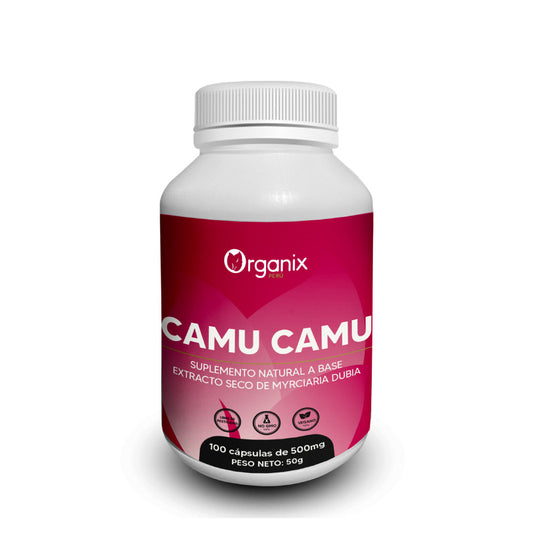 Frasco de cápsulas de extracto de Camu Camu 500mg de Organix Perú, suplemento natural peruano rico en vitamina C y antioxidantes para fortalecer el sistema inmunológico.