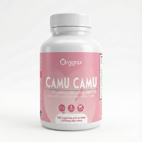 Cápsulas de extracto seco de Camu Camu Organix Perú, suplemento natural alto en vitamina C y antioxidantes, fortalece el sistema inmune y aporta energía.