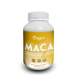 Frasco de cápsulas de Harina de Maca Amarilla Gelatinizada Organix Perú, suplemento natural andino que aporta energía, vitalidad y equilibrio hormonal de forma 100% pura.