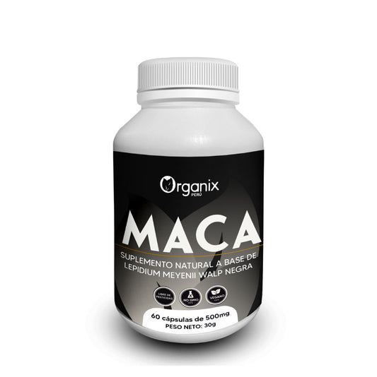 Cápsulas de Maca Negra Gelatinizada Organix Perú frasco de cápsulas naturales.